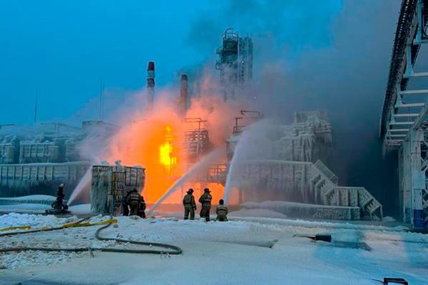 Also Sunday, fire broke out at a chemical transport terminal at Russia's Ust-Luga port following two explosions.