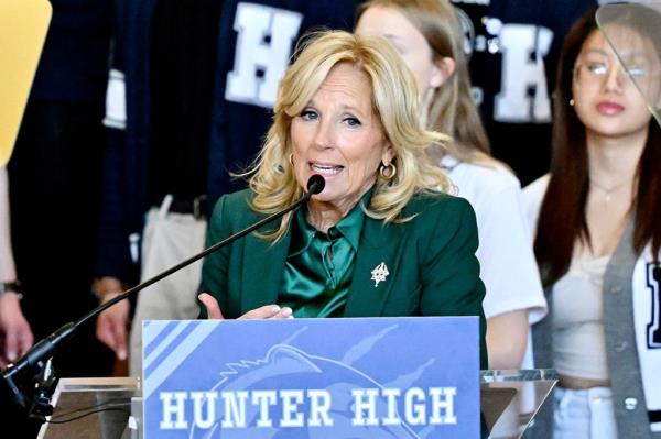 First Lady Jill Biden delivers remarks at Hunter High School in West Valley City, Utah, on Jan. 16, 2024.